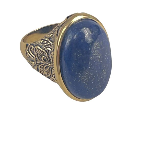 Barse Handcrafted Blue Lapis Gold-Tone Oval Ring With Floral Detailing Size 8 - Picture 1 of 9